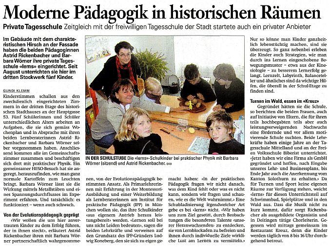 Es ist ein Zeitungsartikel der Solothurner Zeitung, 6.10.2008 zu sehen in dem über die Eröffnung der Tagesschule lerns geschrieben wurde.